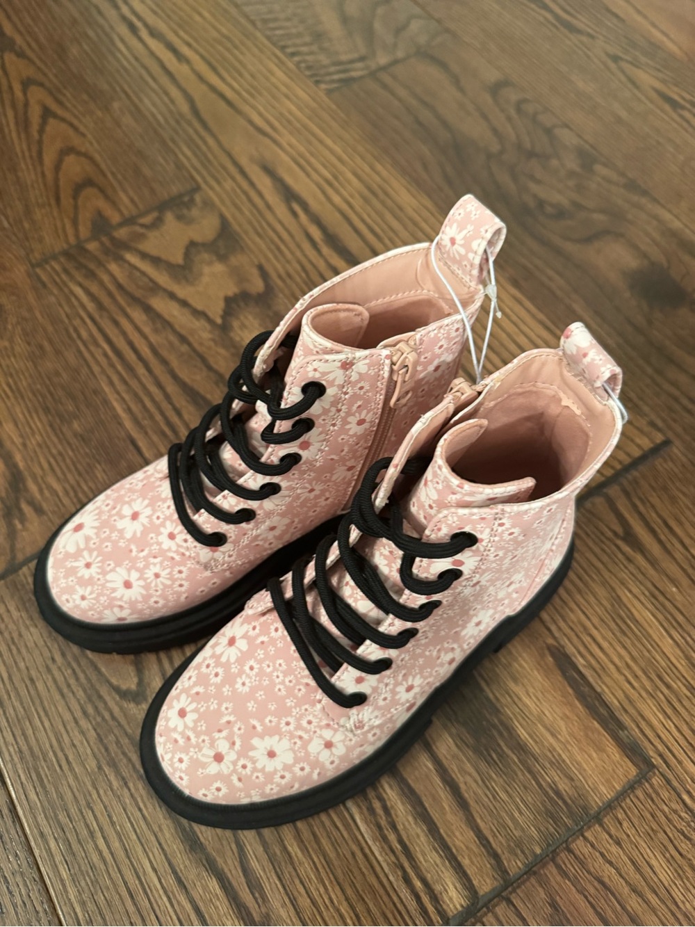 Little Girls Floral Pink Lace-Up Combat Boots